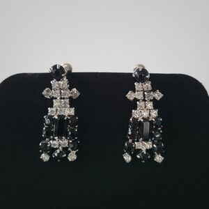 Vintage Black And Clear Rhinestone Earrings